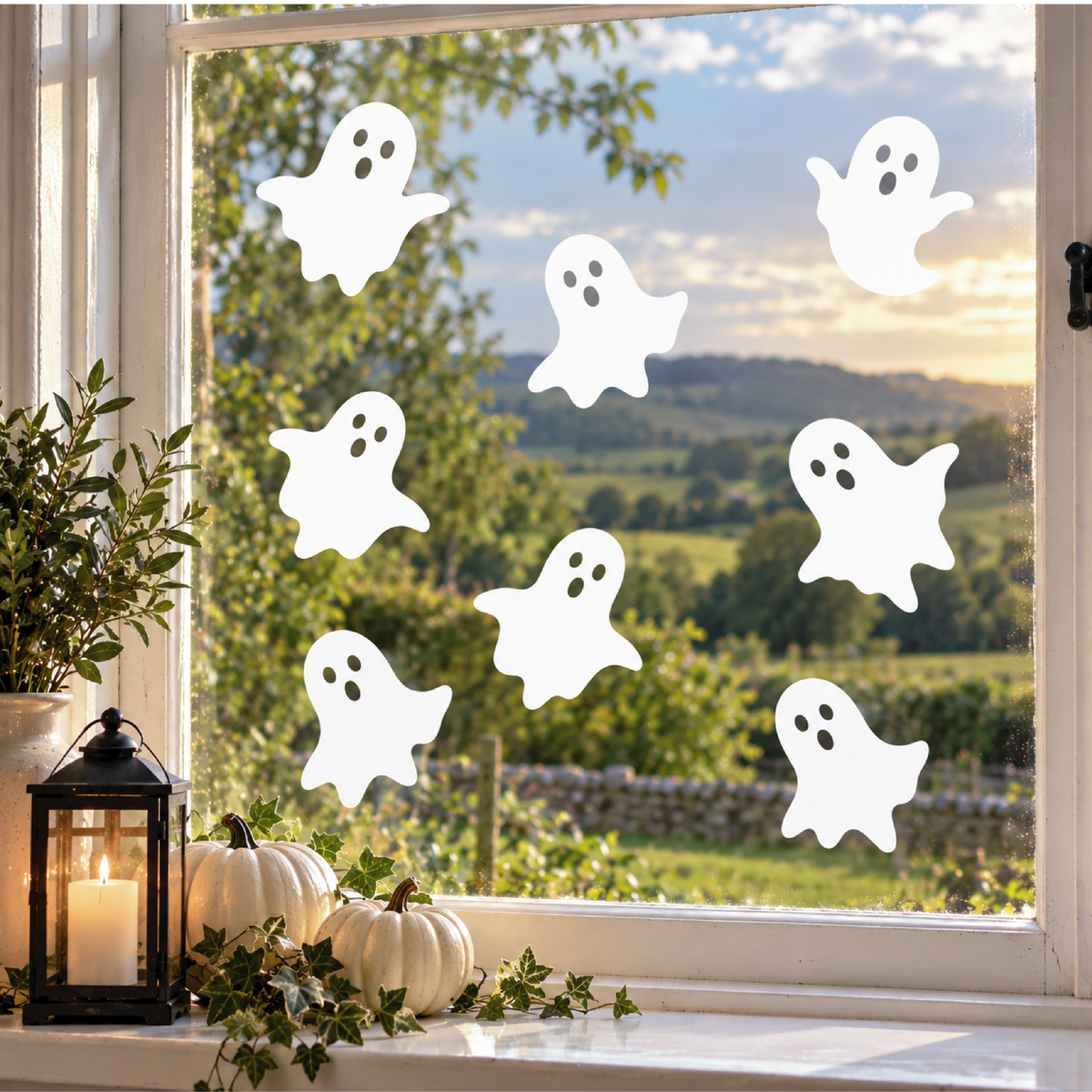 Reusable White Ghost Window Clings • Static Cling Halloween Decals (Pack of 6)