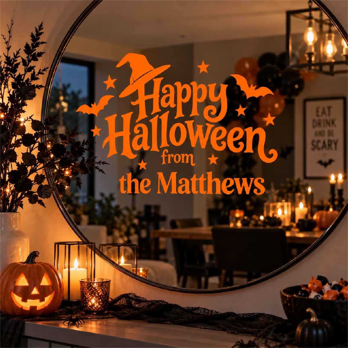 Personalised Happy Halloween Window Decal • Custom Family Name or House Number