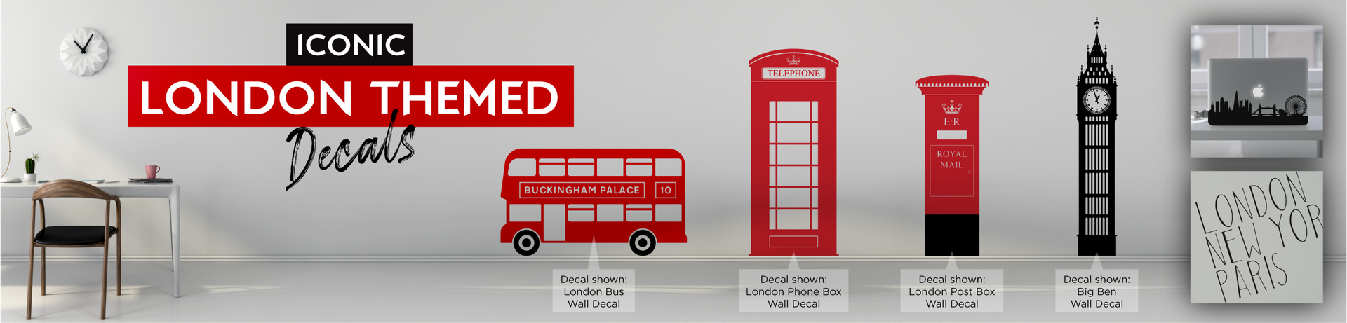 London themed decals on a pale grey wall