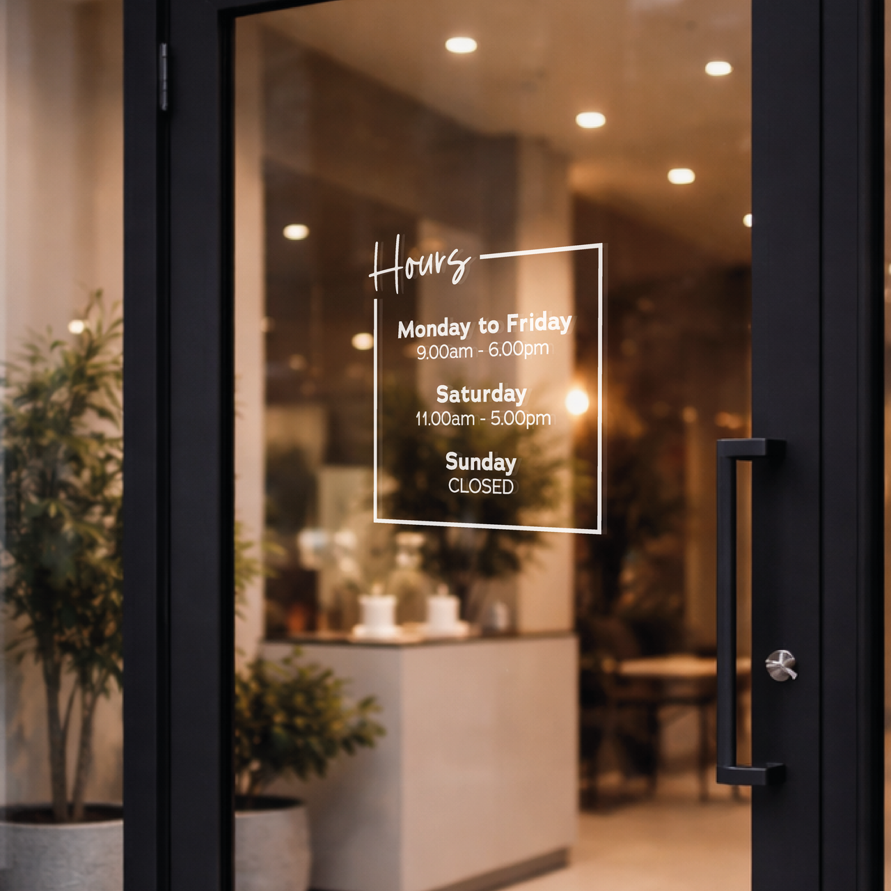 Opening Hours Door Sign • 300mm wide vinyl decal • Any Colour