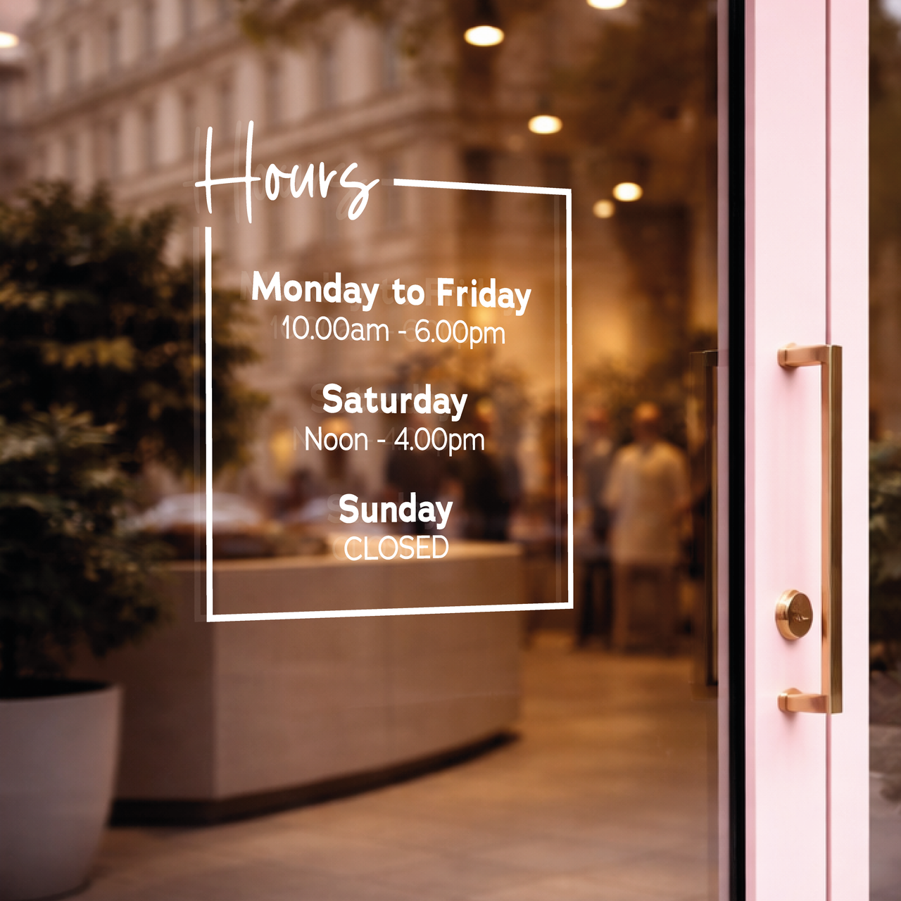 Opening Hours Door Sign • 300mm wide vinyl decal • Any Colour